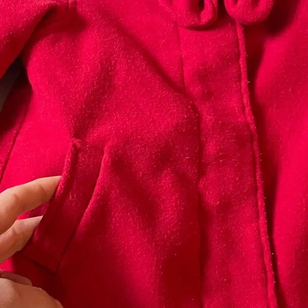 Girl's London Fog Red Coat, Bow, Shawl Collar, Pockets, 24M